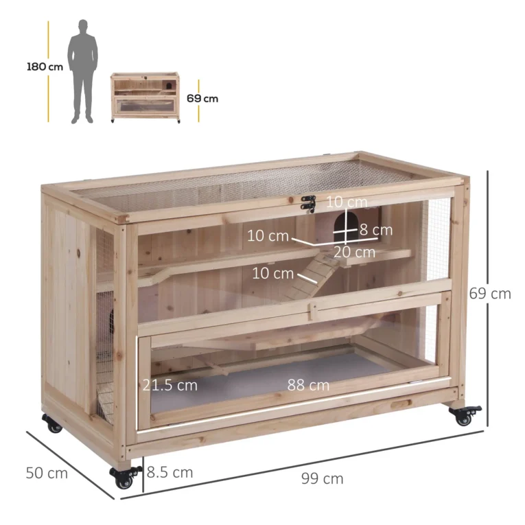 Three-Level Wooden Rodent Enclosure with Wheels and Tray – Natural, 99cm Three-Level Wooden Rodent Enclosure with Wheels and Tray – Natural, 99cm