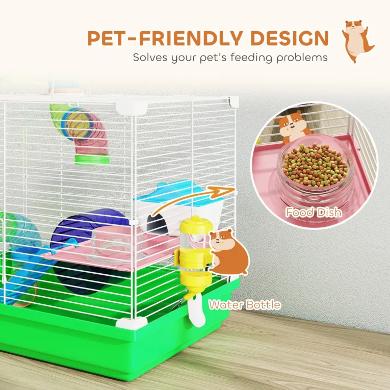 2-Tier Hamster Cage with Tunnel Wheels Ladder Dwarf – Green and white
