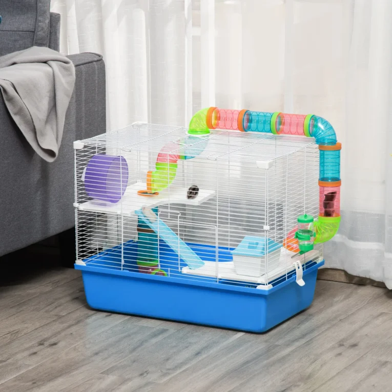 3-Level Hamster Cage with Tubes and Accessories 59x36x47cm – Blue and white