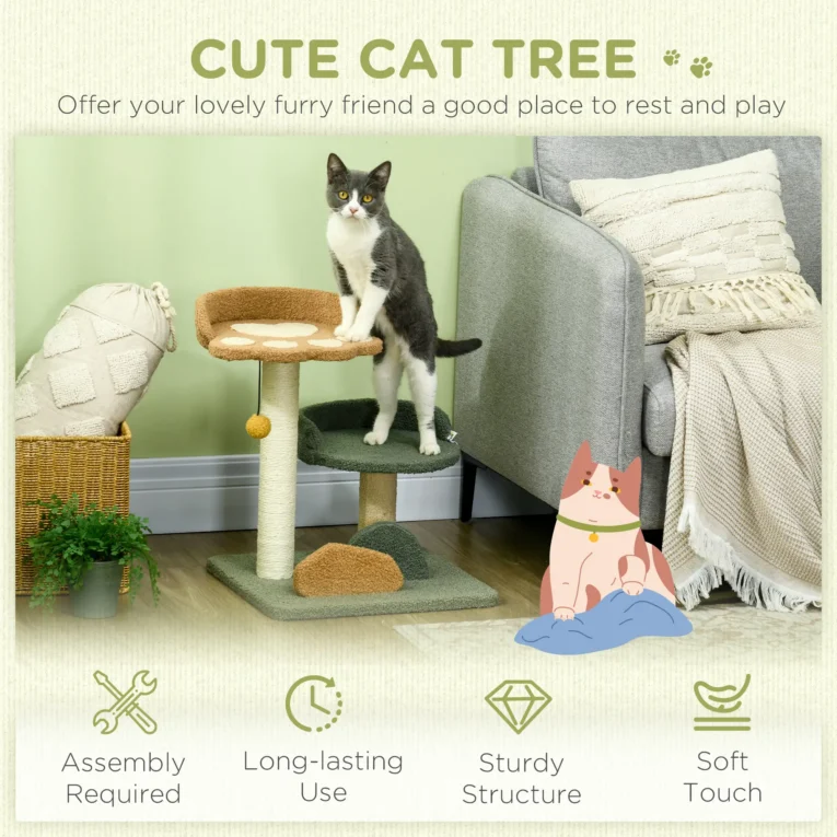 Compact Two-Bed Cat Tree – Green, Brown and Beige