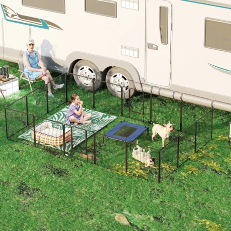 16-Panel Steel Dog Playpen with Two Doors – Grey, 80cm High