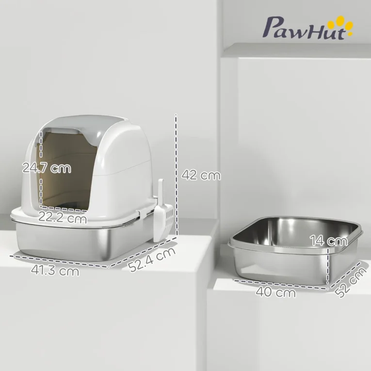 Enclosed Steel Cat Litter Box with Flip Lid – White, 52cm