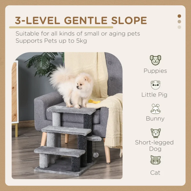 Three-Step Cat Stairs with Scratching Posts and Toy – Grey