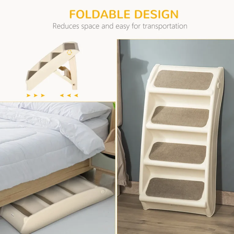 Folding Four-Step Pet Stairs – Beige, 49.5cm