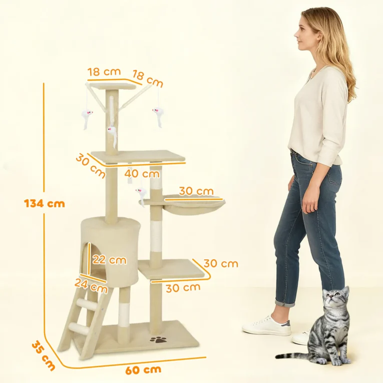 Cat Tree with Den, Basket and Ladder – Beige, 134cm