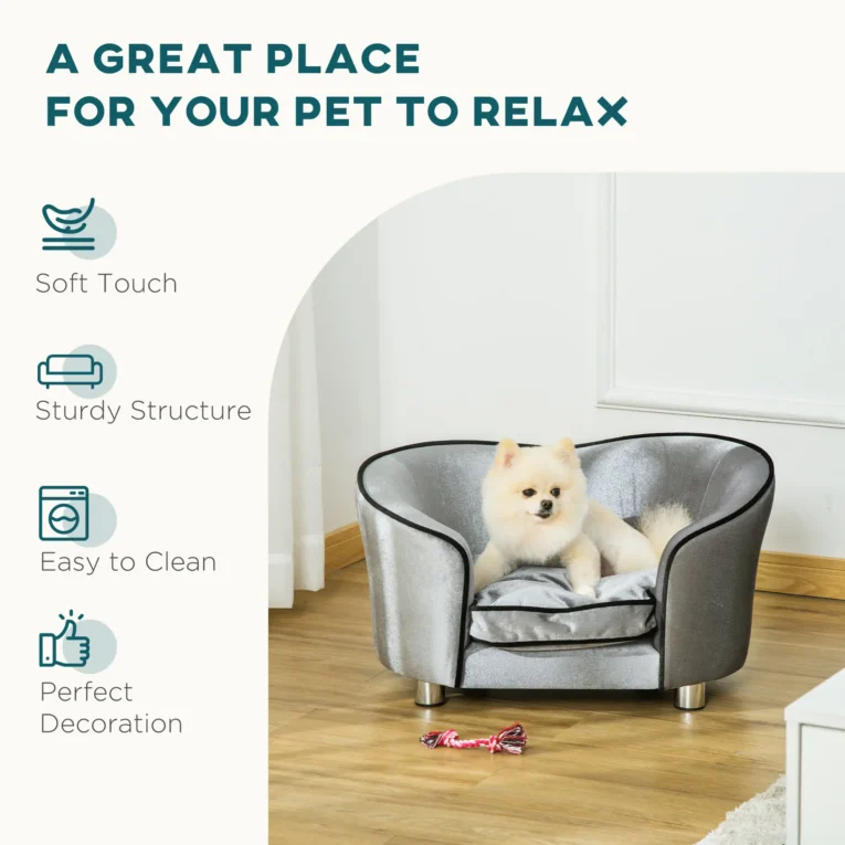 Miniature Dog Sofa with Washable Cushion – Silver Grey