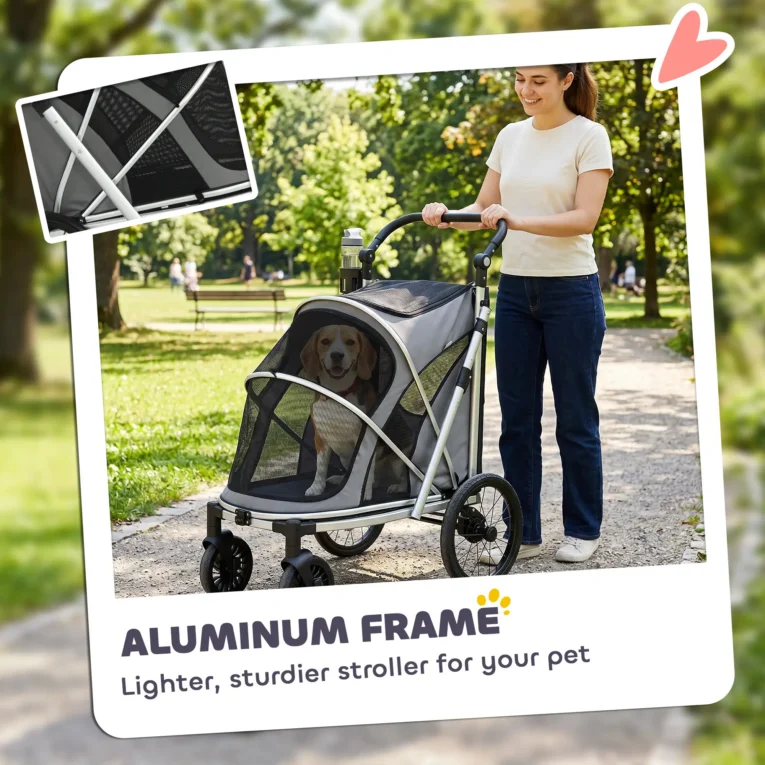 Folding Aluminium Dog Stroller with Suspension – Grey, 20kg