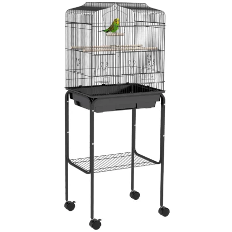 Bird Cage with Wheeled Stand and Swing – Black, 124cm