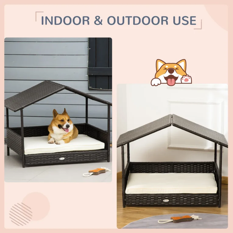 Wicker Dog House Rattan Pet Bed with Canopy – Dark brown and cream