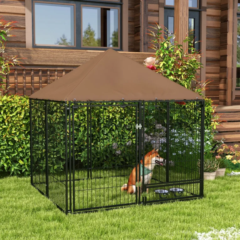 Outdoor Dog Kennel Play Pen with Canopy 141x141cm – Black, Brown