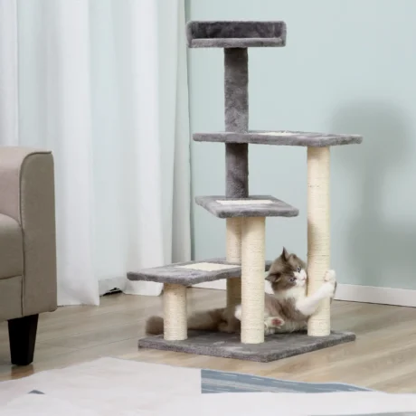 100cm Cat Tree with Three Perches and Sisal Posts &ndash; Grey and Beige &ndash; detail 2