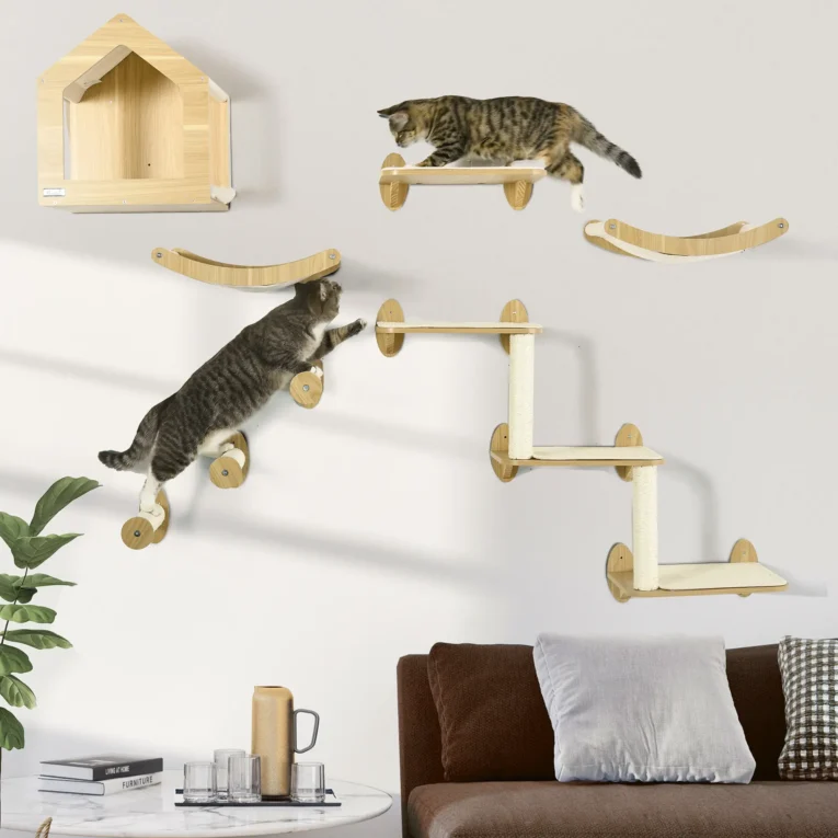 Eight-Piece Wall Cat Furniture Set with House and Steps – Oak Tone Eight-Piece Wall Cat Furniture Set with House and Steps – Oak Tone