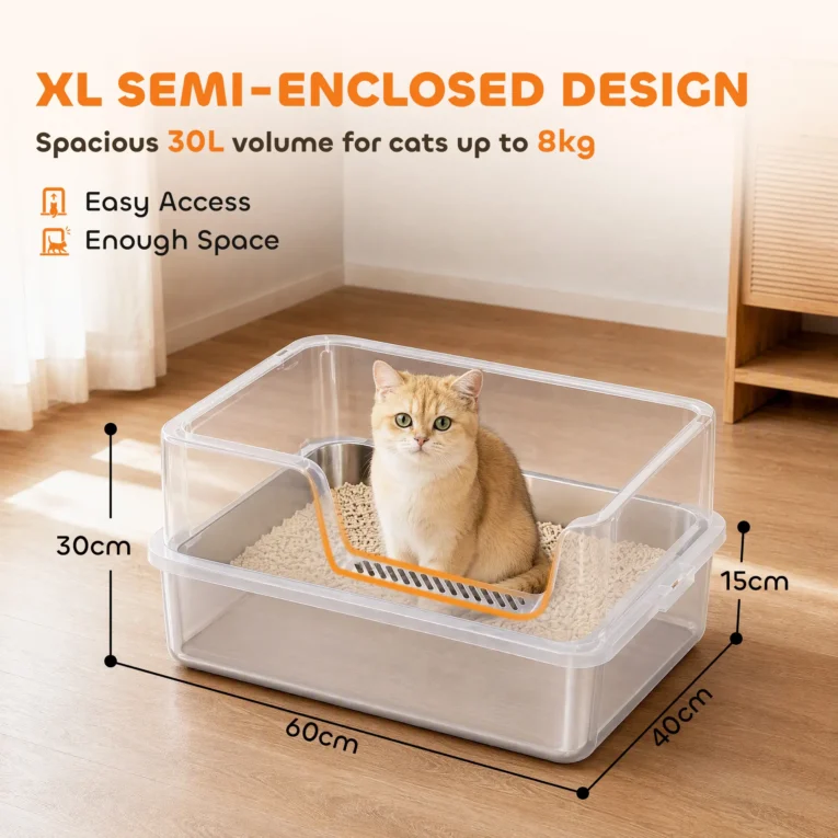 High-Sided Stainless Steel Cat Litter Tray – Light Grey, 60cm