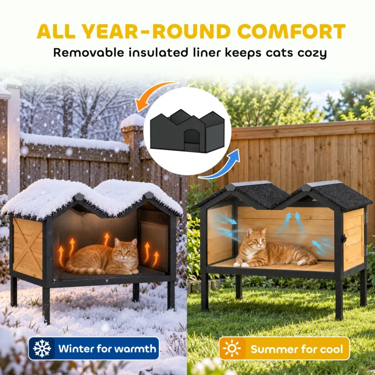 Raised Wooden Cat Shelter with Side Access – Yellow, 74.6cm