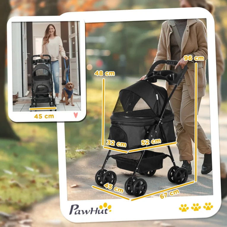 Dog Pram Foldable Pet Stroller with 4 Wheels – Black