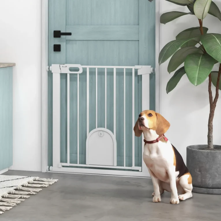 Pet Safety Gate Pressure Fit with Cat Flap – White Pet Safety Gate Pressure Fit with Cat Flap – White