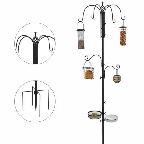 Garden Bird Feeding Station with Four Feeders and Six Hooks – Black