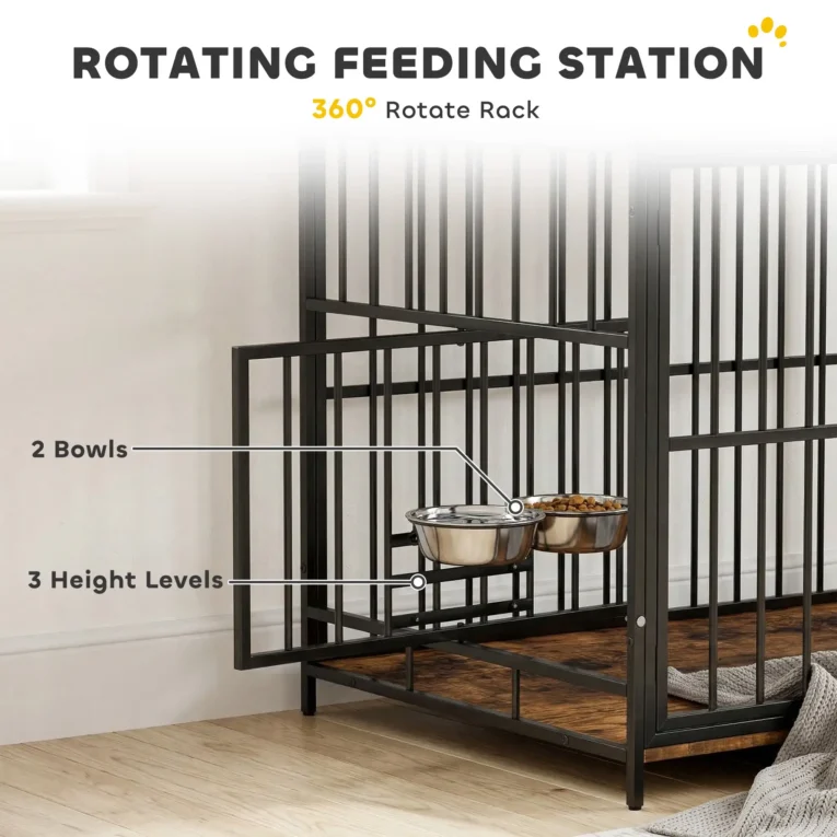 Dog Crate Table with Shelves and Rotating Bowls – Rustic Brown Dog Crate Table with Shelves and Rotating Bowls – Rustic Brown
