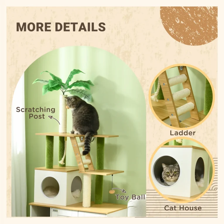 Cat Litter Cabinet with Climbing Tree and Scratching Posts – Oak and Cream Cat Litter Cabinet with Climbing Tree and Scratching Posts – Oak and Cream