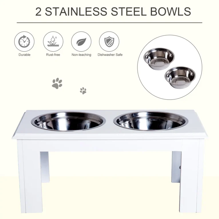 Raised Double Dog Bowl Stand – White, 25.4cm