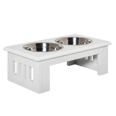 Raised Double Dog Bowl Stand – White, 25.4cm