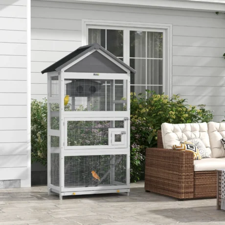 Wooden Bird Enclosure with Perches and Shelter – Grey, 171cm