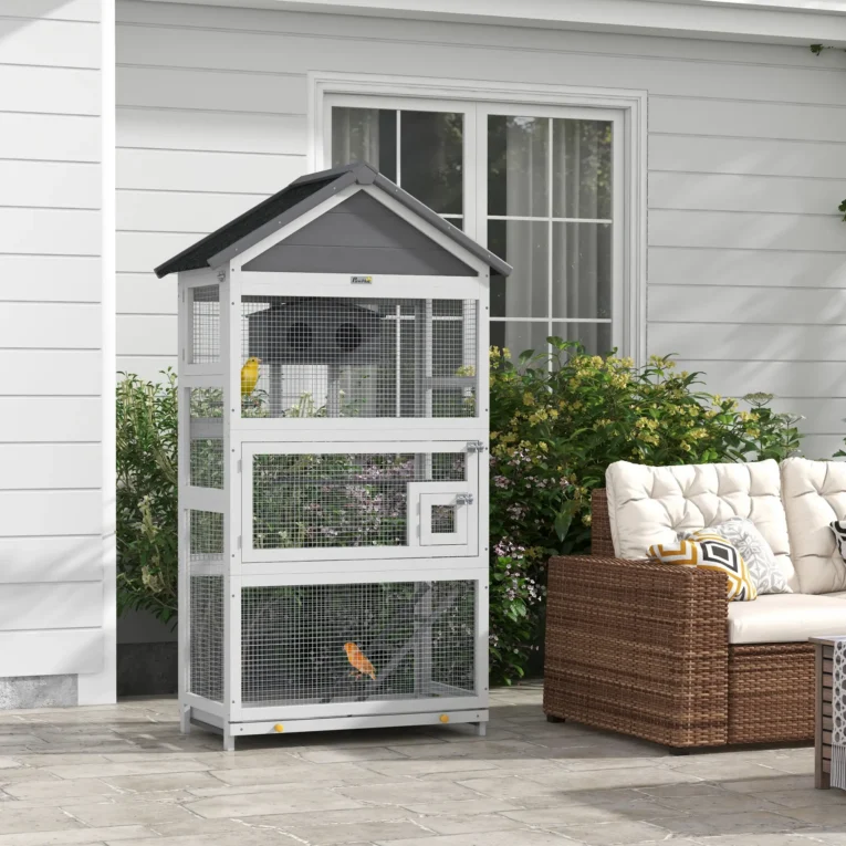 Wooden Bird Enclosure with Perches and Shelter – Grey, 171cm Wooden Bird Enclosure with Perches and Shelter – Grey, 171cm