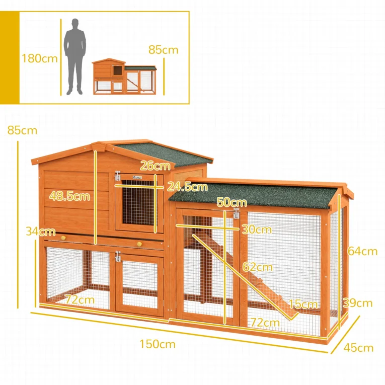 Two-Tier Wooden Rabbit Hutch with Run and Tray – Orange, 150cm