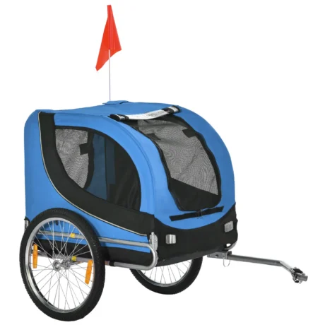 Dog Bicycle Trailer with Hitch and Visibility Flag &ndash; Blue and Black