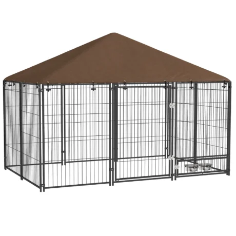 Outdoor Dog Enclosure with Canopy and Rotating Bowls – Brown, 211cm