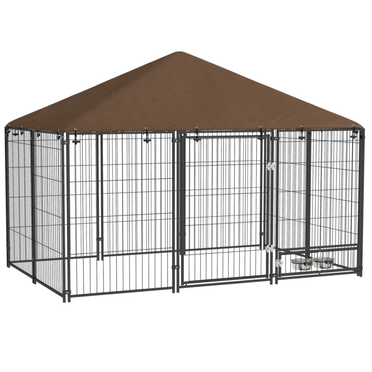 Outdoor Dog Enclosure with Canopy and Rotating Bowls – Brown, 211cm