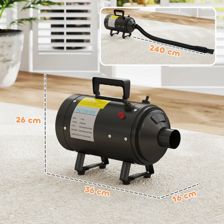 2200W Dog Hair Dryer with Variable Airflow and Three Nozzles – Black