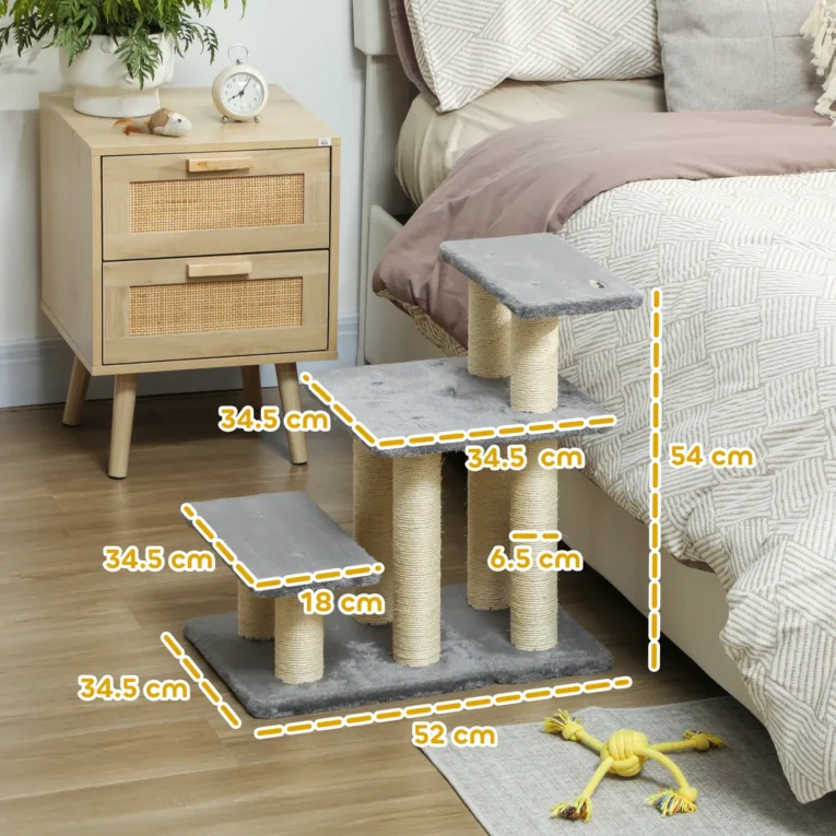 Three-Step Pet Stairs with Sisal Posts and Adjustable Top – Grey