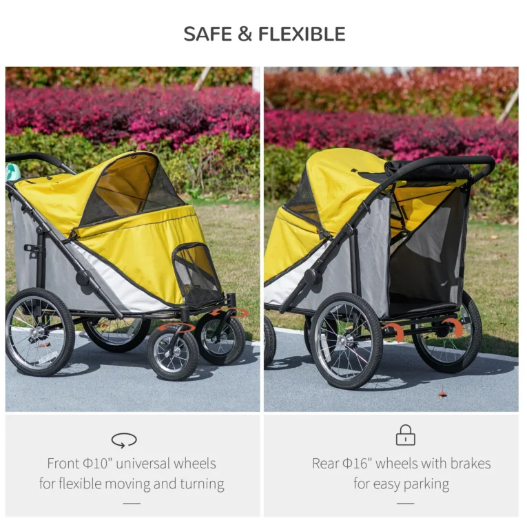 Folding Large Pet Stroller with Inflatable Wheels – Yellow, 30kg