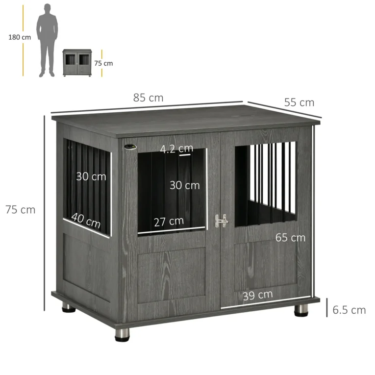 Dog Crate Side Table with Double Doors – Grey, 85cm