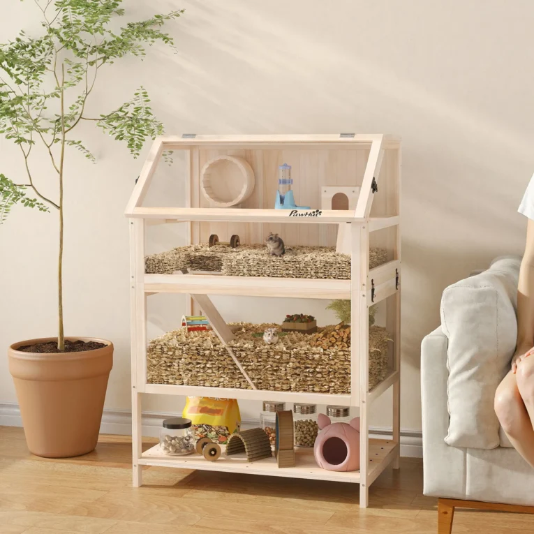 Wooden Hamster Habitat with Storage Shelf – Natural, 117cm High Wooden Hamster Habitat with Storage Shelf – Natural, 117cm High
