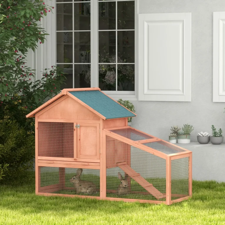 Two-Tier Wooden Rabbit Hutch with Side Run and Tray – 144cm