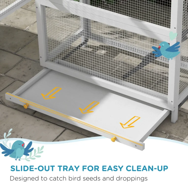 Wooden Bird Enclosure with Perches and Shelter – Grey, 171cm Wooden Bird Enclosure with Perches and Shelter – Grey, 171cm