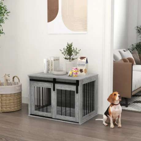 Compact Dog Crate with Sliding Door and Cushion – Grey, 80cm