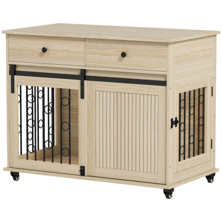 Dog Crate Cabinet with Sliding Door and Two Drawers – Oak, 100cm Dog Crate Cabinet with Sliding Door and Two Drawers – Oak, 100cm