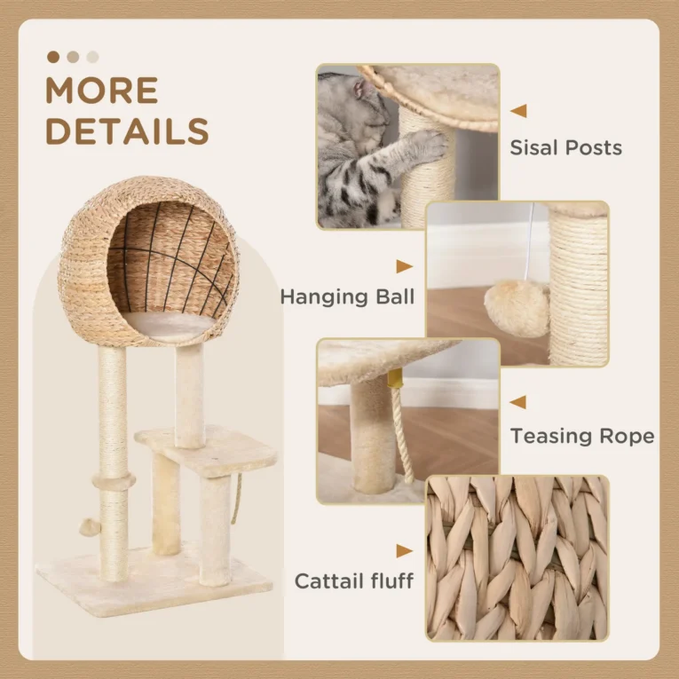 Cat Activity Tower with Enclosed Den and Play Toys – Beige, 100cm