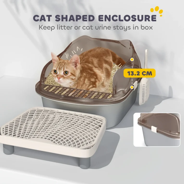 High-Sided Steel Cat Litter Tray with Step – Charcoal, 52cm