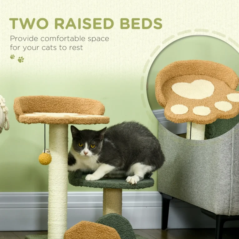 Compact Two-Bed Cat Tree – Green, Brown and Beige