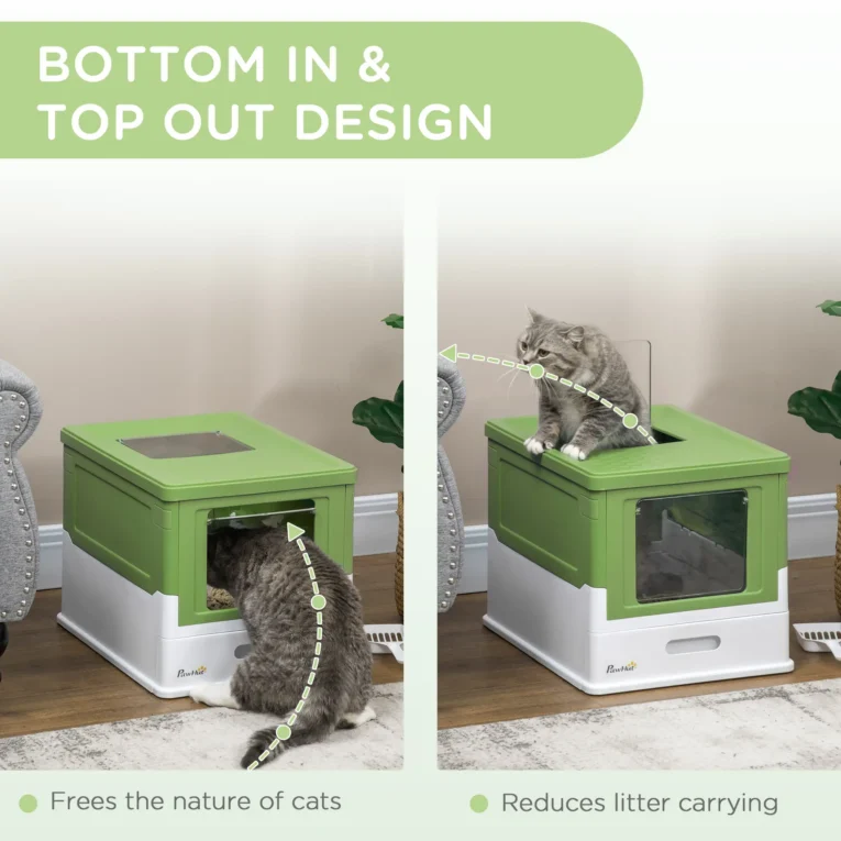 Hooded Cat Litter Box Portable – Emerald Green, White