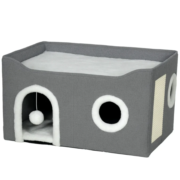 Folding Cat House with Top Bed and Sisal Pad – Grey, 60cm Folding Cat House with Top Bed and Sisal Pad – Grey, 60cm