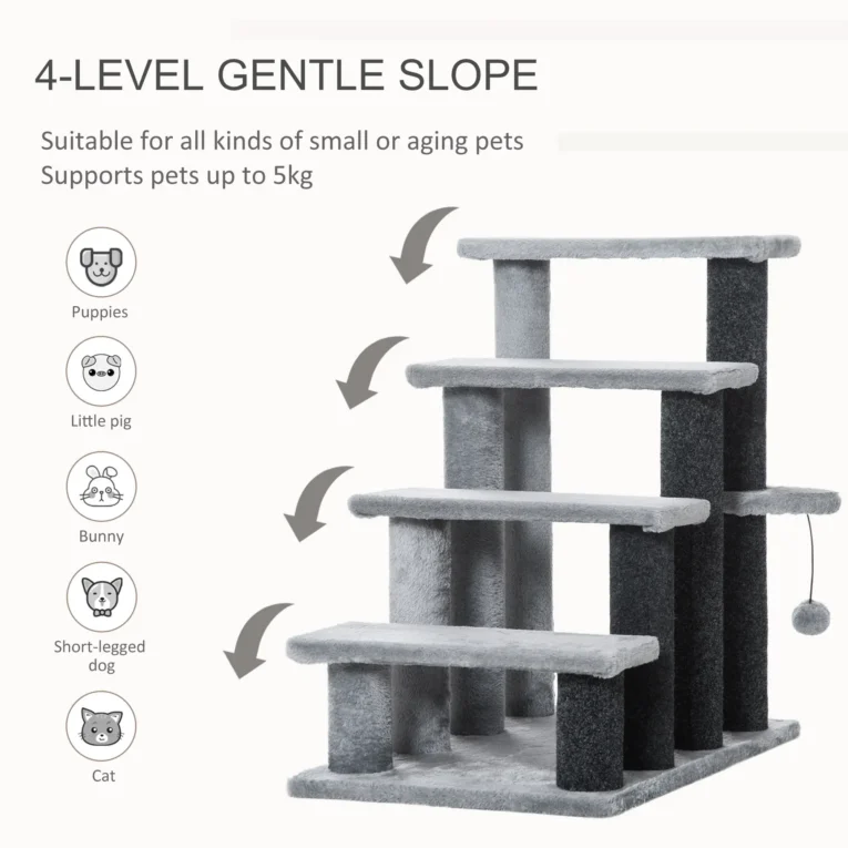 Four-Step Cat Stairs with Toy Platform – Grey, 64cm
