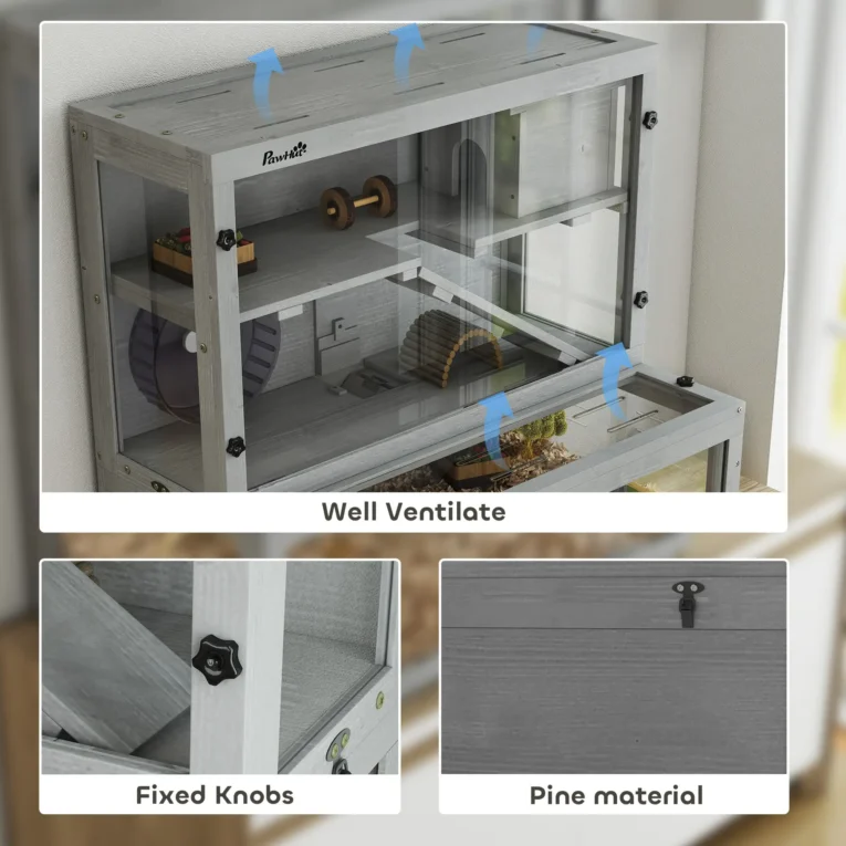 Three-Level Wooden Hamster Habitat with Wheel – Grey, 80cm Three-Level Wooden Hamster Habitat with Wheel – Grey, 80cm