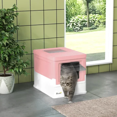 Folding Cat Litter Box with Drawer – Pink
