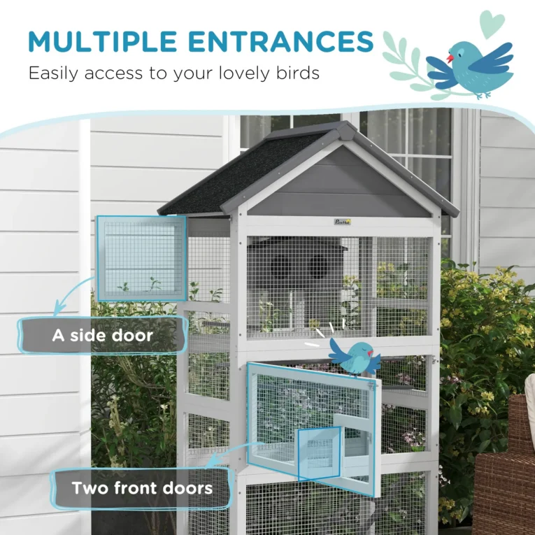 Wooden Bird Enclosure with Perches and Shelter – Grey, 171cm Wooden Bird Enclosure with Perches and Shelter – Grey, 171cm
