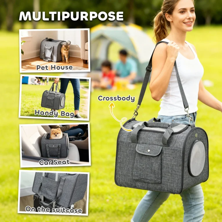 Folding Soft Pet Carrier with Shoulder Strap – Dark Grey, 42cm